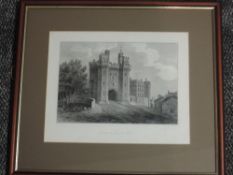 An engraving, after Buckler, Gateway at Lancaster Castle, 26 x 32cm plus frame and glazed