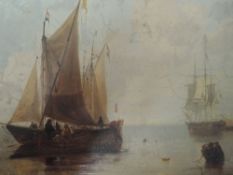 An oil painting on board, sailing ships, 27 x 33cm, plus frame