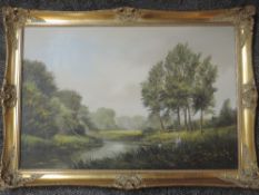 An oil painting, Dyer, nostalgic children fishing, signed, 50 x 75cm, plus frame