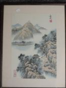 A fabric print, Japanese landscape, 40 x 28cm, plus frame and glazed