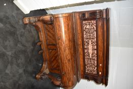 An interesting 19th Century mahogany pianette (73 keys) having fretwork back panel , and animalistic