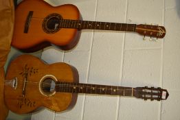 An Eko classical guitar (possibly Studio L model) and a vintage Abbazini classical guitar