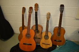 Five assorted Spanish classical guitars
