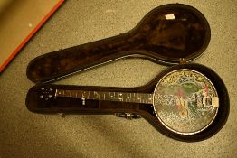 A Windsor Premier model 3 , 5 string banjo having painted skin and plush fitted hard case