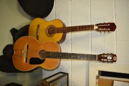 Two classical vintage guitars, labelled Ibanez and Selmer