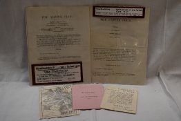 Mountaineering. The Alpine Club. Ephemera. Includes an early list of members (1859) with a printed