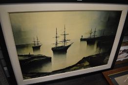 A large mid century print on board of a ship yard or dock after G Bria.