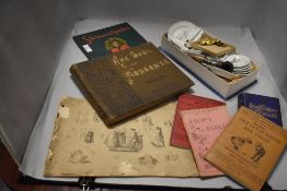 A vintage dolls tea service, a pipe, brass Naval buttons, books and similar.