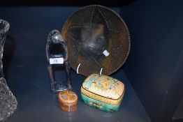 A selection of ethnic items including Indian decorated cases and studio pottery terracotta bowl