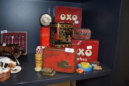 A selection of collectable transfer printed advertising tins including Oxo etc