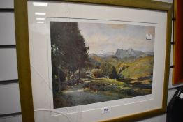 A print after Heaton Cooper of Tarn Hows and Langdale pikes.