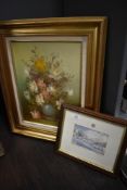 An original oil on board of a floral still life scene,signed Cooper sold with a print of Wateredge
