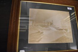 A vintage print of HMS Elizabeth in carved wood frame