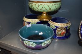 A Minton secessionist fruit bowl Having Purple and teal ground with tube lined floral pattern sold