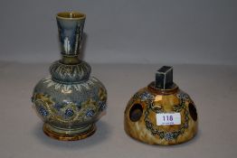A Doulton Lambeth squat form vase attributed to George Tinworth and a similar Vesta matchbox