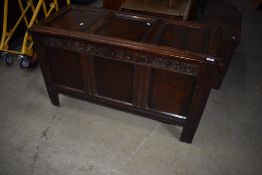 A period oak three panel mule chest/kist , with internal candle box, carved panel to front , MP