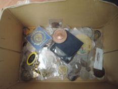 A box of World Coins, Tokens and Medallions, 1889 Half Crown seen