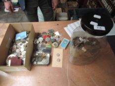 A large collection of World Coins and Badges, a 9ct bar brooch and a small amount of Silver seen