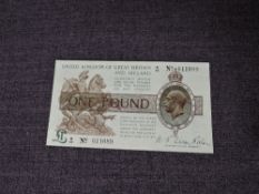 A First Fisher Issue 1919 United Kingdom of Great Britain and Ireland One Pound Note, secretary of