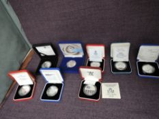 A collection of 8 Queen Elizabeth II Royal Mint Five Pound Silver Proof Coins, 1990 90th Birthday,