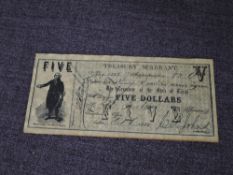 A Five Dollar Treasury Warrant for the State of Texas 1862 for Military Service, possible copy note