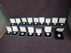 A collection of 16 Queen Elizabeth II Royal Mint Silver Proof One Pound Coins, 1987-1999 inclusive