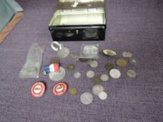 A metal cash box containing Coins & Badges including 1889 Crown, 1887 Shilling, Silver
