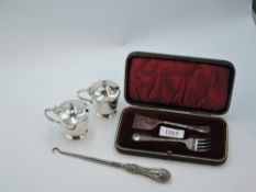 A small selection of HM silver including a pair of mustard pots with clear glass liners, cased