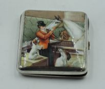An Edwardian silver cigarette case with enamelled Hunts lady stable scene to front, Birmingham 1904,