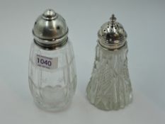 Two glass sugar casters having cut glass decoration and HM silver lids