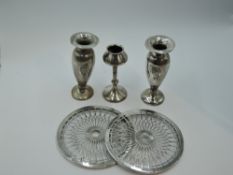 A selection of HM silver including three small vases and two coasters (all AF), GW approx 250g