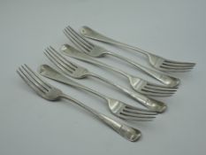 Six Georgian silver table forks of Old English form bearing Bull's head crest to terminals, London