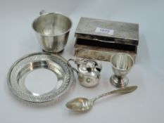 A selection of HM silver including cigarette box, cup, egg cup, spoon, mustard pot etc, AF, approx