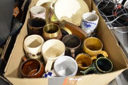 A box of vintage and antique miscellaneous ceramics and a mantel clock.