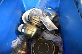 A selection of ceramics and a brass oil lamp