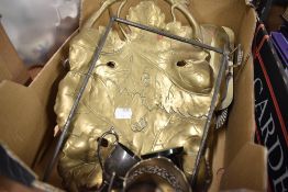 A selection of silver plated wares and brass leaf style dish