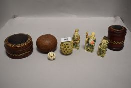 A selection of mixed Oriental items, carved soapstone egg, figures, leather covered boxes.