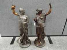 A pair of early 20th century cast and patinated spelter Neo-Classical figures, Diana the