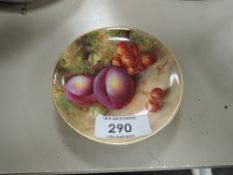 A Late Victorian Royal Worcester pin dish having hand decorated plum and red gooseberry pattern in