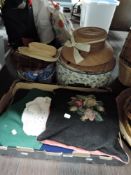 A selection of ladies fancy dress and sun hats also some textiles and cushion