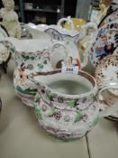 A set of pressed ceramic water or milk jugs in Staffordshire designs with Sunderland lustre