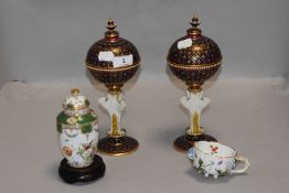 A pair of Minton porcelain Potpourri vases with covers,Circa 1860/70, having unglazed storks to