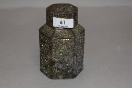 A Meiji period Japanese Antimony tea canister of hexagonal form with internal lid, having profuse