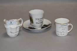 A German made Souvenir cup and saucer of local interest 'A present from Coniston'sold with a jug and