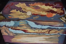 A mid century print on pellon, impressionistic coastal scene, unframed.
