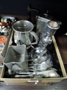 A selection of metal table wares including Manor pewter and cutlery