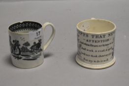 Two late Georgian/early Victorian Staffordshire childrens mugs, one having moto' Precepts that never