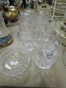 A selection of cut and etched glass ware including tumblers,jug and pin dish.