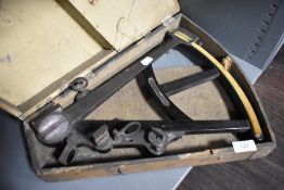 An interesting 19th century ebonised wood surveyors quadrant, unmarked, with scumbled pine case
