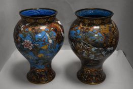 Two 20th century fine Japanese cloisonné baluster vases having samurai scenes with dragons and